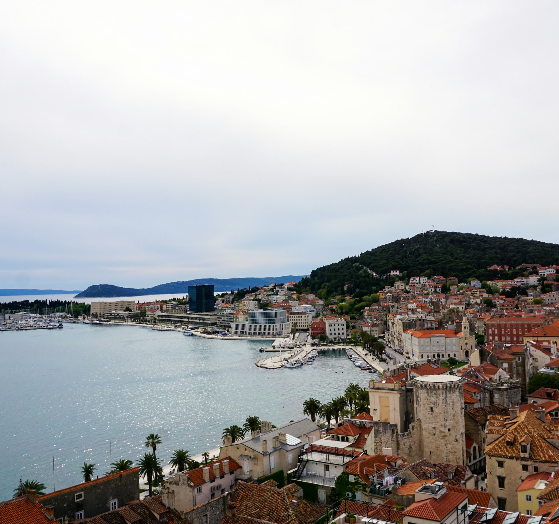 Aerial view of Diocletian's Palace and Split old town for historical route chauffeur transport in Croatia
